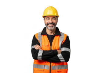 Smiling bearded construction worker wearing yellow hard hat and orange safety vest with arms crossed isolated on transparent background
