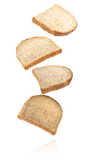 Slices of toast bread falling on white background