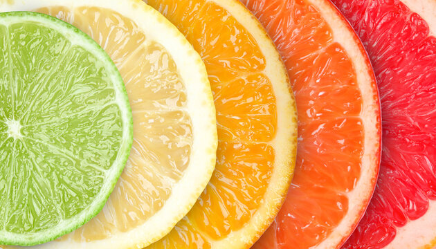 Citrus fruits as background. Slices of orange, tangerine, lime, lemon and grapefruit, top view
