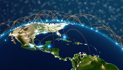 Digital cloud network connecting regions over the globe during nighttime