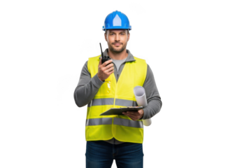 Serious construction worker wearing blue hard hat and yellow safety vest holding walkie talkie and blueprints isolated on transparent background