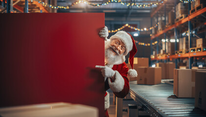 Obraz premium Claus in a warehouse with Christmas decorations and packages ready for delivery during the holiday season