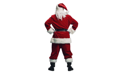 Santa stands with hands on hips . Isolated on transparent background