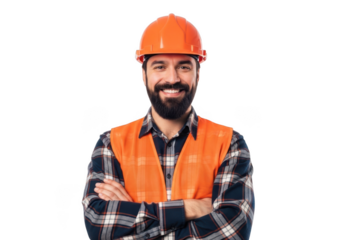 Smiling construction worker with beard wearing orange hard hat and reflective vest arms crossed isolated on transparent background