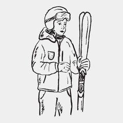 Hand drawn woman holding pair of ski. Vector sketch illustration in vintage crayon charcoal style. Winter sports, ski resort. Skier in helmet and goggles holding skis.
