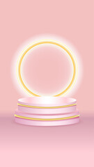 Pink and gold neon circle with podium on pastel background