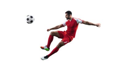 Soccer player kicks ball in mid-air during game in bright environment