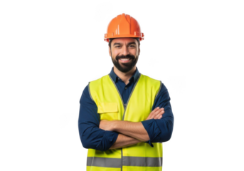 A smiling construction worker wearing a hard hat and hi visibility vest with arms crossed isolated on transparent background