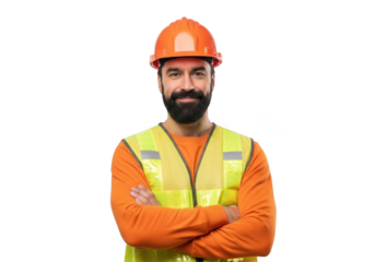 A bearded construction worker wearing an orange hard hat and a high visibility vest with arms crossed isolated on transparent background