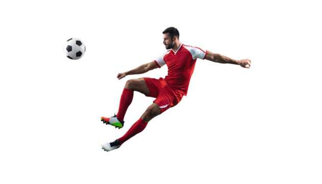 Soccer player kicks ball in mid-air during game in bright environment - Powered by Adobe