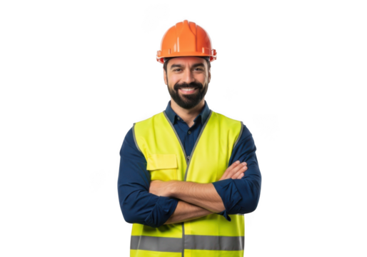 A smiling construction worker wearing a hard hat and hi visibility vest with arms crossed isolated on transparent background - Powered by Adobe