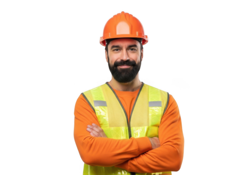 A bearded construction worker wearing an orange hard hat and a high visibility vest with arms crossed isolated on transparent background - Powered by Adobe