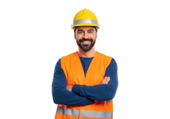 Smiling bearded construction worker wearing yellow hard hat and orange safety vest with arms crossed isolated on transparent background