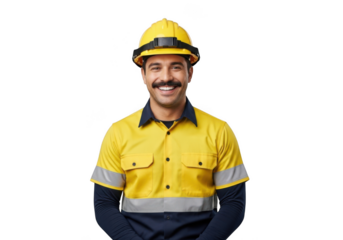 Smiling construction worker wearing a yellow hard hat and high visibility work shirt with reflective stripes isolated on transparent background