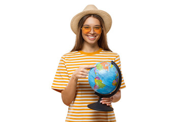 Smiling tourist pointing at a globe while choosing the next travel destination with excitement