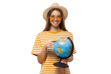 Smiling tourist pointing at a globe while choosing the next travel destination with excitement