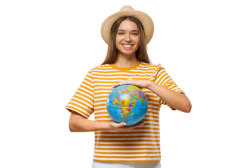 Traveler holding globe and smiling, showing love for exploring new places and world adventures