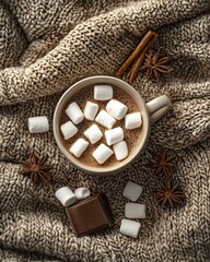 Cozy cup of hot chocolate with marshmallows, cinnamon, and chocolate on warm knitted blanket
