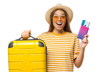 Excited traveler with suitcase and passport ready for a new adventure and upcoming vacation