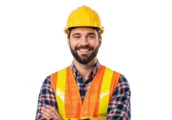 Smiling bearded man wearing yellow hard hat and orange safety vest with arms crossed isolated on transparent background