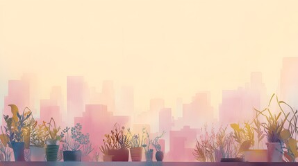 Obraz premium Serene rooftop garden cityscape watercolor illustration sunset glow peaceful urban landscape art