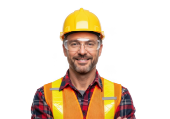 A smiling construction worker wearing a yellow hard hat safety glasses and a high visibility vest isolated on transparent background