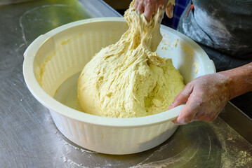 Baker hands kneading yeast dough. The Concept of Craftsmanship