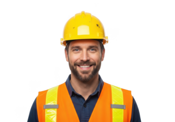 Smiling construction worker wearing a bright yellow hard hat and a high visibility safety vest isolated on transparent background