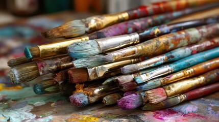 Obraz premium Vivid Artist's Paintbrushes on a Colorful Studio Background: A Celebration of Artistic Expression and Creativity