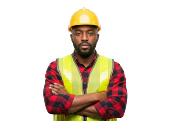 A serious construction worker wearing a yellow hard hat and a bright yellow safety vest with arms crossed isolated on transparent background