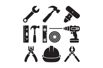 Collection of black silhouette icons representing various tools and safety gear