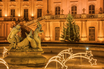Fertőd Eszterh&aacute;zy Palace Christmas lights with fountain and tree
