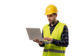 Construction worker wearing yellow hard hat and high visibility vest using laptop isolated on transparent background