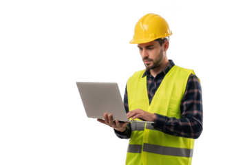 Construction worker wearing yellow hard hat and high visibility vest using laptop isolated on transparent background