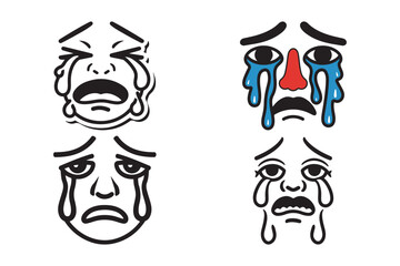 Four cartoon faces expressing different types of sadness and crying