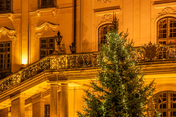 Eszterh&aacute;zy Palace Christmas lights detail with balcony and tree
