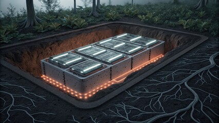 Underground battery grid system with glowing segments illustration
