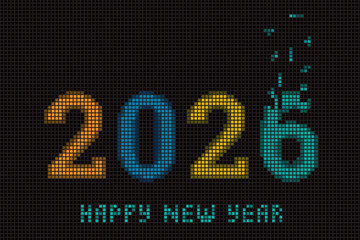 2026 Free Retro Computer Game Style New Year Concept with Dropping Elements over Five and Pixelized Numerals Logo and Lettering - Blue Green and Red on Black Background - Mixed Graphic Design