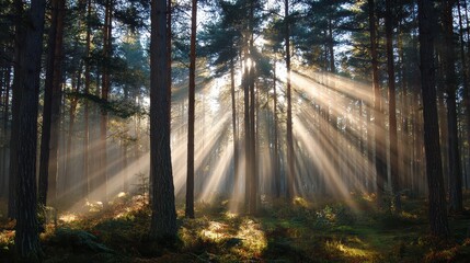 Obraz premium Tranquil Forest Scene with Sun Rays Filtering Through Lush Trees, Creating a Serene Landscape of Light and Shadow