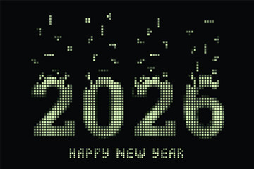 2026 Original Retro Computer Game Style New Year Concept with Dropping Elements and Pixelized Numerals Logo and Lettering - Green on Black Background - Mixed Graphic Design