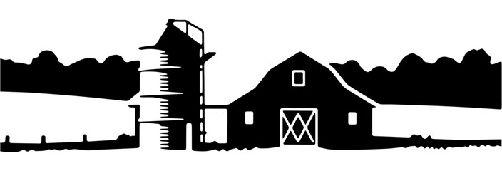 Obraz premium The illustration is a black and white silhouette of a farmer's silo and barn — an authentic rural landscape. Use it for packaging farm products and agro‑marketing. Vector graphics. EPS.