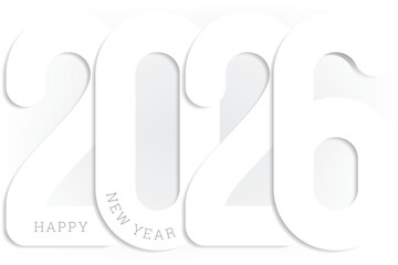 2026 White Light Style Concept with Cut Overlapping Numerals and Happy New Year Logo Lettering - White Elements on Light Background - Mixed Graphic Design