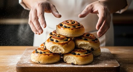 Freshly baked cinnamon rolls with raisins and hands dusting flour in kitchen