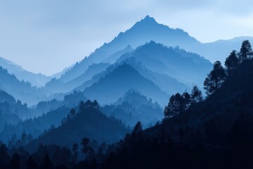 Serene Mountain Silhouette Against a Blue Sky with Floral Accents, Evoking Peaceful Nature Vibes