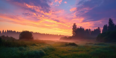 Vibrant Spring Sunrise Over Foggy Meadow: A Serene Morning Landscape with Sunlight and Nature's Beauty
