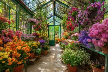 Obraz premium Vibrant Greenhouse Oasis: Spring Blooms with Colorful Potted Flowers and Lush Plants