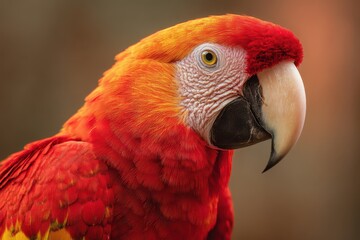Fototapeta premium Vibrant Close-up of an Individual Orange Red Parrot in a Bright Outdoor Setting, Captured in Mexico