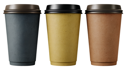 Set of Three Reusable Coffee Cups on White Background