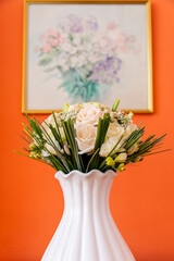 Cream Rose Wedding Bouquet In White Vase With Floral Painting In Background, Romantic Bridal Flowers Interior Decoration