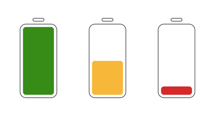 Battery charge level icons in color and black and white, Battery Status Symbol Set, Power Indicator Graphic, Energy Level UI Element, Smartphone Battery Vector